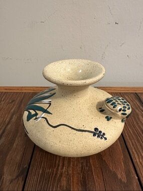 Hand-Painted Tonala Ceramic Vase with Frog Accent in Beige and Teal